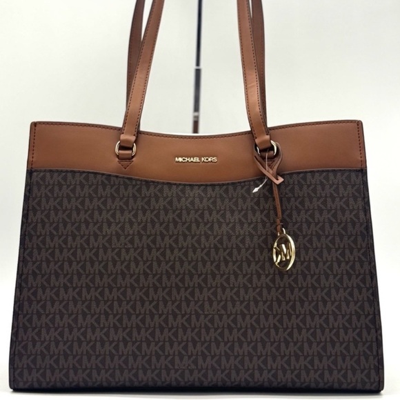 Michael Kors Jet Set Large Signature Logo Tote Bag Brown - Picture 1 of 12